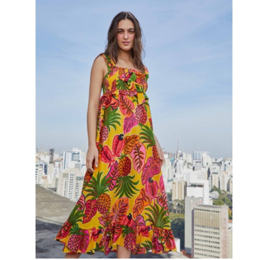 NWT FARM Rio Fruit Dreams Ruffle Maxi Dress Size S